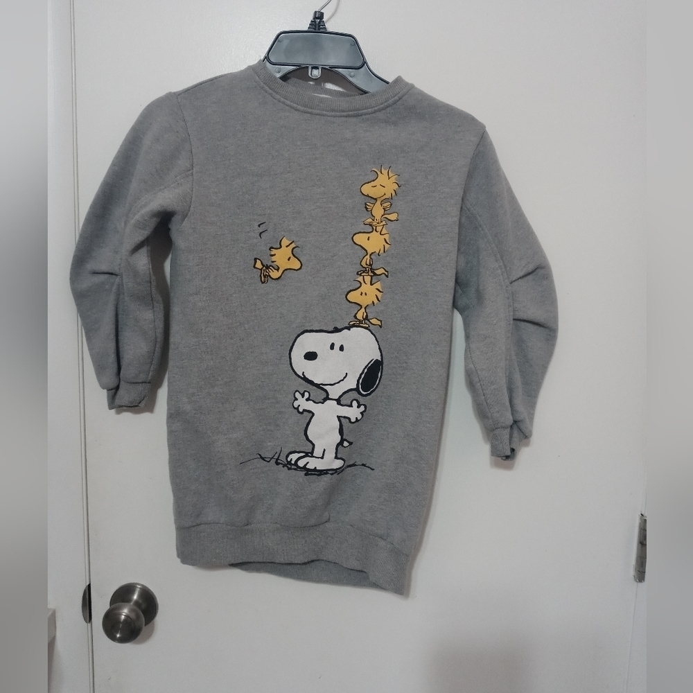 Zara x Peanuts Kids Gray Fleece Sweatshirt Ruched Sleeves Snoopy with Woodstock